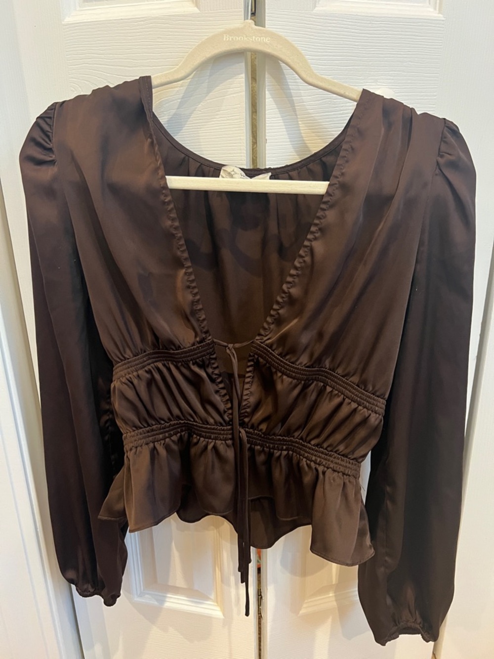 Wayf Chocolate Brown Satin V-Neck Peplum Blouse